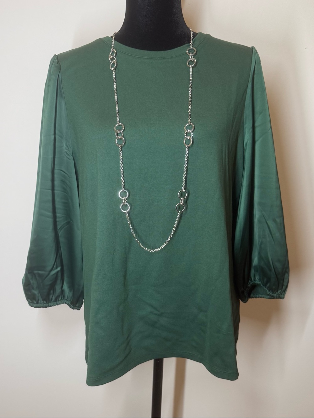 NEW Jones New York Signature Emerald Green 3/4 Satiny Sleeves Holiday Blouse L